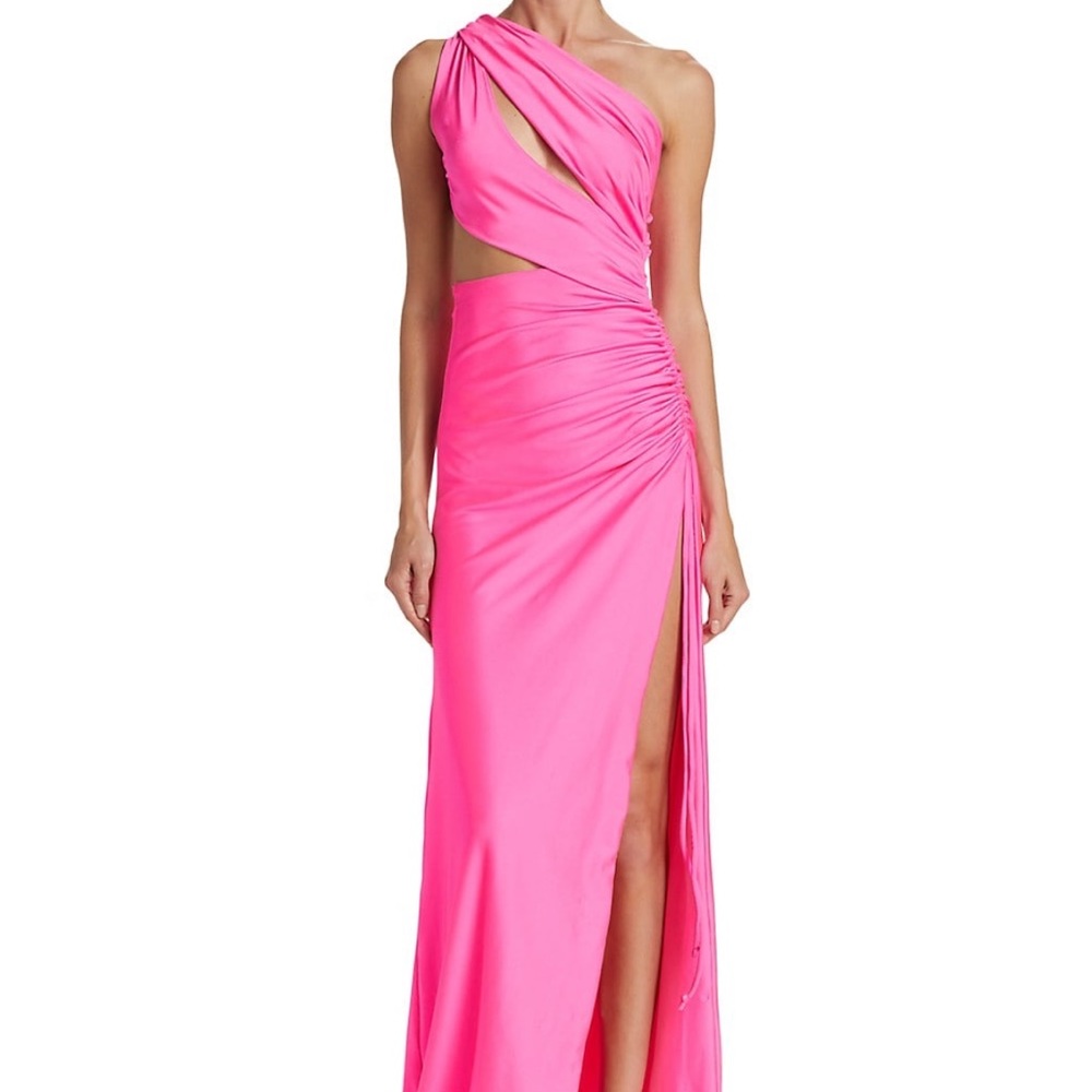 Dundas Rita Asymmetrical Ruched Gown in Fluo Pink